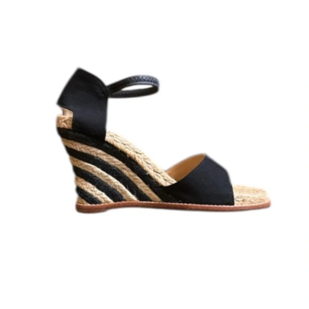 Vintage Kate Spade Grenada Black Canvas Espadrille  Tan Black Wedge Ankle Strap